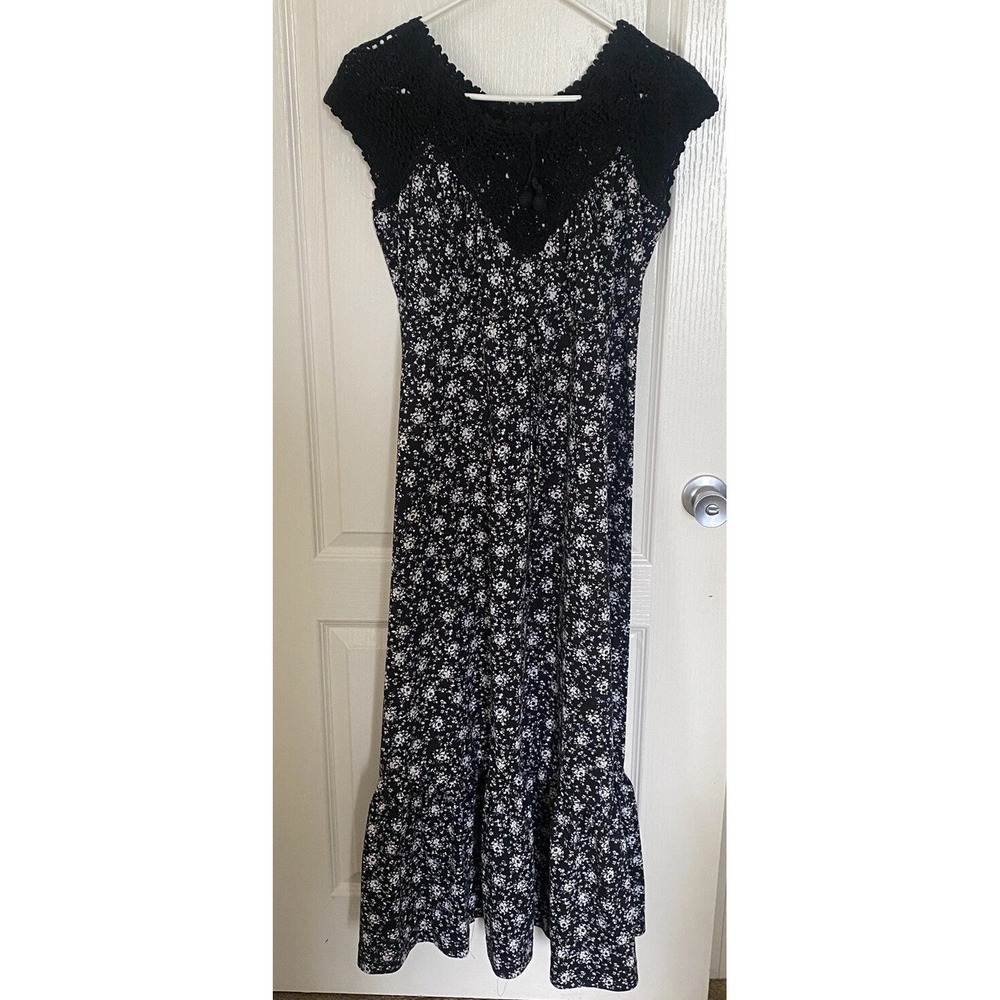 Vintage Young Hawaii Dress Womens Large Maxi Black Crochet Ditsy Floral Bohemian